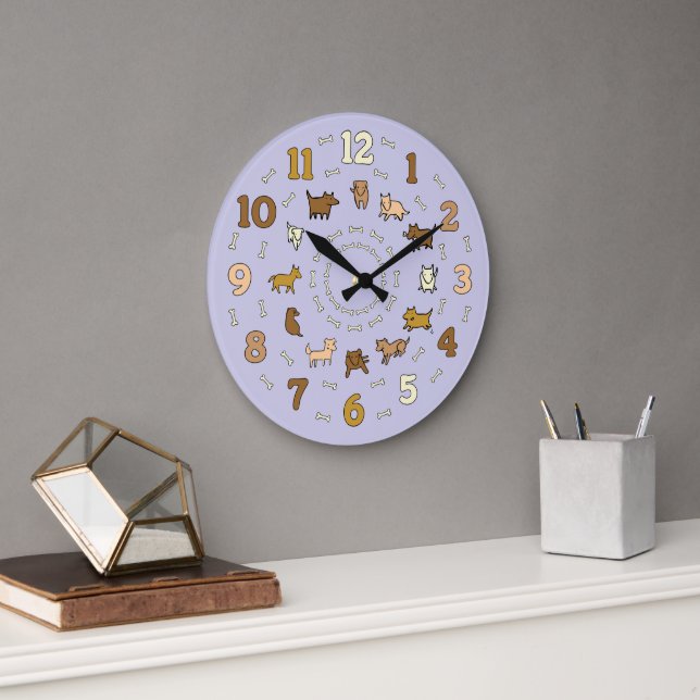 Grande Horloge Ronde Amateurs de chiens de caricature à lunettes (Bureau)