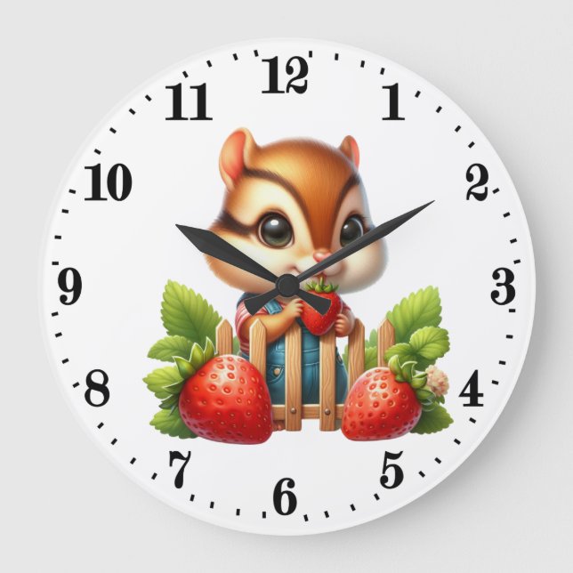 Grande Horloge Ronde Amateurs de chipmunk à la fraise mignonne (Recto)