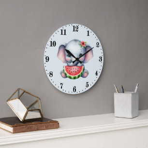 Grande Horloge Ronde Amateurs de pastèque aux éléphants mignons