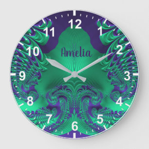 Grande Horloge Ronde AMELIA ~ WOW ! Motif fractal vert et pourpre ~