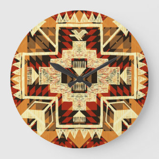 Grande Horloge Ronde Amérindien, Vintage Tirée À La Main Abstraite.