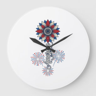 Grande Horloge Ronde Amérique Patriotique Fleurs Feu d'Artifice Design 