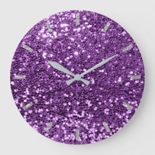 Grande Horloge Ronde Améthyst Violet Purple Sparkly Faux Glitter Gray