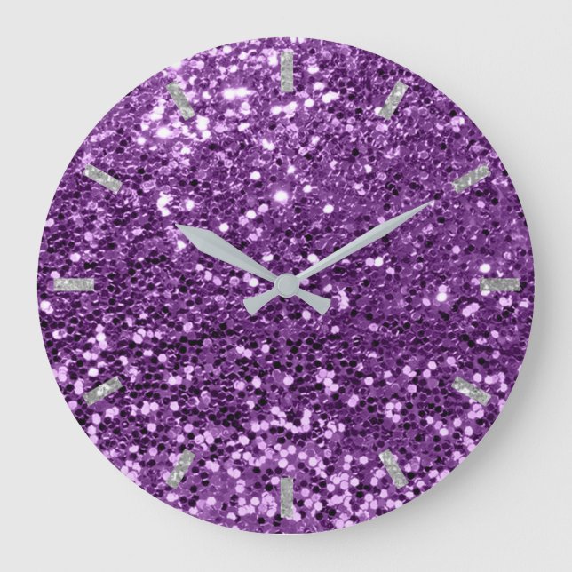 Grande Horloge Ronde Améthyst Violet Purple Sparkly Faux Glitter Gray (Recto)