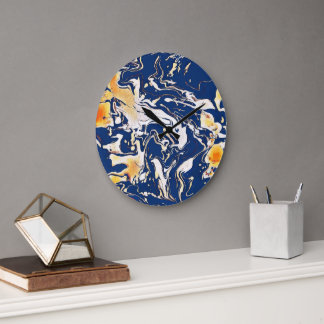 Grande Horloge Ronde Amour bleu tourbillons rouge orange jaune
