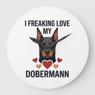 Grande Horloge Ronde Amour fou pour le chien Dobermann Cœurs rouges_1