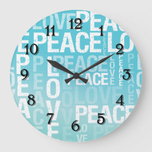 Grande Horloge Ronde Amour Paix Bleu Aqua Dégradé