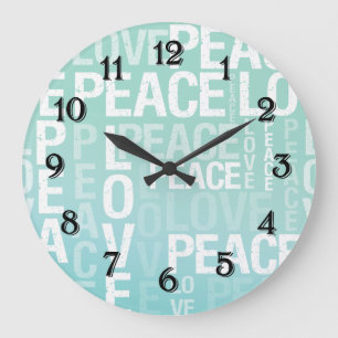 Grande Horloge Ronde Amour Paix Bleu Menthe Ombre