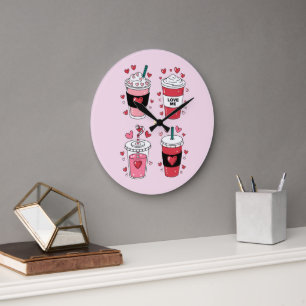 Grande Horloge Ronde Amoureux de café Latte de la Saint-Valentin