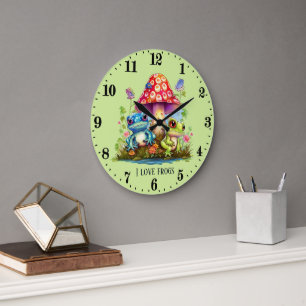 Grande Horloge Ronde amoureux de grenouilles mignonnes ajouter du texte