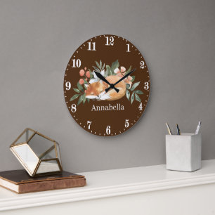 Grande Horloge Ronde amoureux de renard mignons ajoutez nom