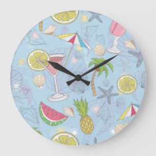 Grande Horloge Ronde Amusant Été, Cocktail Motif sans Seamless.