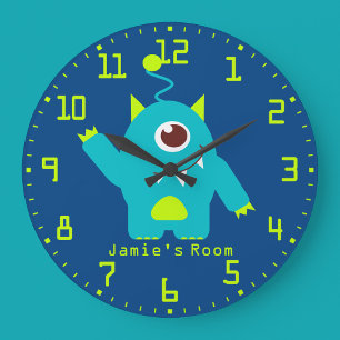 Grande Horloge Ronde Amusants enfants alien bleu aqua et vert mural hor