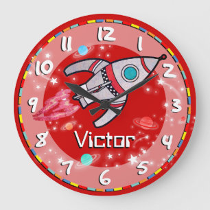 Grande Horloge Ronde Amusants enfants garçons roquette espace mur rouge
