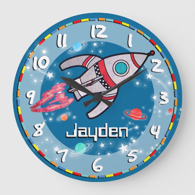 Grande Horloge Ronde Amusants garçons roquette espace bleu aquarium mur (Recto)