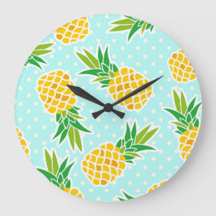 Grande Horloge Ronde Ananas Exotiques : Polka Bleu-Dot Amusant.