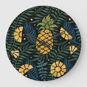 Grande Horloge Ronde Ananas, palmiers feuilles : motif tropical.