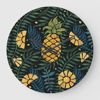 Grande Horloge Ronde Ananas, palmiers feuilles : motif tropical.