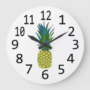 Grande Horloge Ronde Ananas tropical aux Feuilles bleus et verts