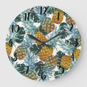 Grande Horloge Ronde Ananas Tropicaux & Feuilles Île Exotique