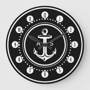 Grande Horloge Ronde Ancrage blanc avec initiales  Cadeaux nautiques