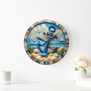Grande Horloge Ronde Ancre Bleue Plage Bateaux à voile Océan