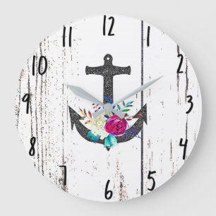 Grande Horloge Ronde Ancre de plage rustique et floral épicé d'été naut