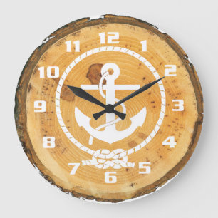 Grande Horloge Ronde Ancre nautique en bois rustique