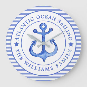 Grande Horloge Ronde Ancre nautique Marine Bleu rayé Personnalisé