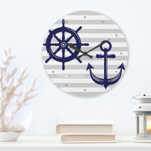 Grande Horloge Ronde Ancre personnalisée et volant de barre nautique