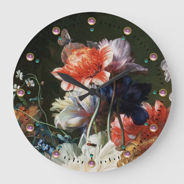 GRANDE HORLOGE RONDE ANÉMONES ROSES ROUGES FLEURS BLANCHES, PAPILLON EN (Recto)
