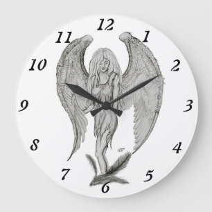 Grande Horloge Ronde Angel, Crayon, design noir et blanc