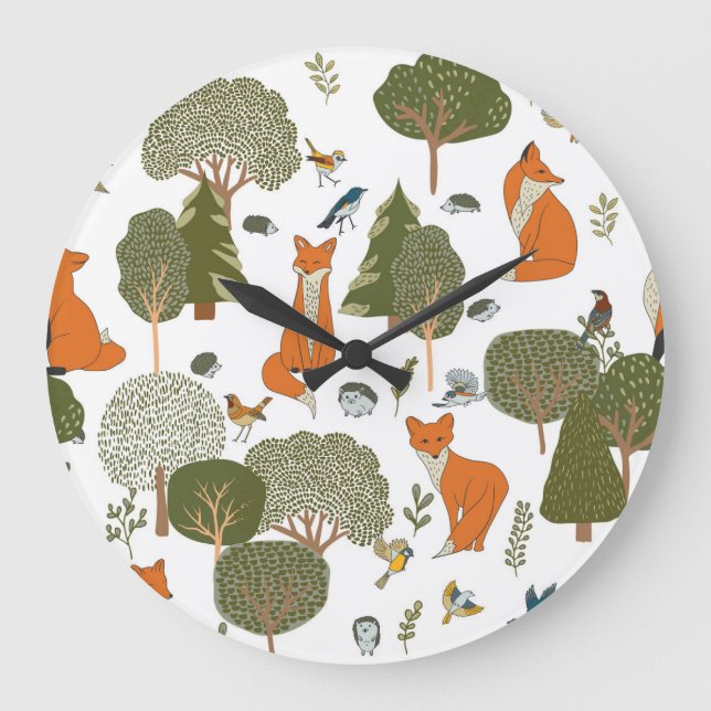 Grande Horloge Ronde Animaux forestiers : renards, oiseaux motifs (Recto)