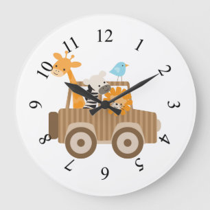 Grande Horloge Ronde Animaux Safari Animés