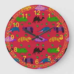 Grande Horloge Ronde Animaux - tortues pourpres abstraites et éléphants
