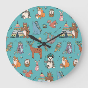 Grande Horloge Ronde Animaux tribaux : motif forestier.