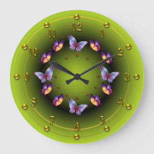Grande Horloge Ronde Anneau vert gradué de papillon