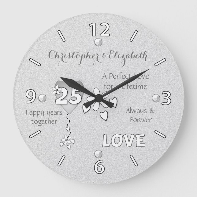 Grande Horloge Ronde Anniversaire 25 ans coeurs fleurs et noms (Recto)