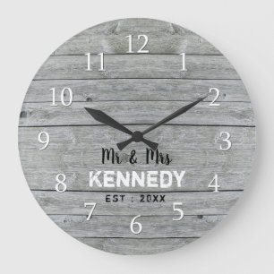 Grande Horloge Ronde Anniversaire du Mariage en bois gris personnalisé