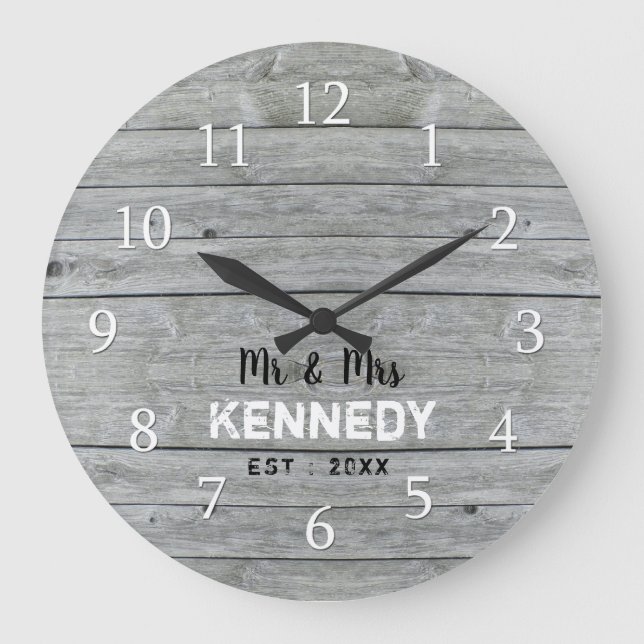 Grande Horloge Ronde Anniversaire du Mariage en bois gris personnalisé (Recto)