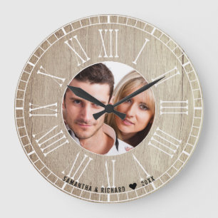 Grande Horloge Ronde Anniversaire mariage Numéros romains Photo Bois