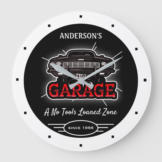 Grande Horloge Ronde Any Name Garage Retro Car Since Date White Black (Recto)