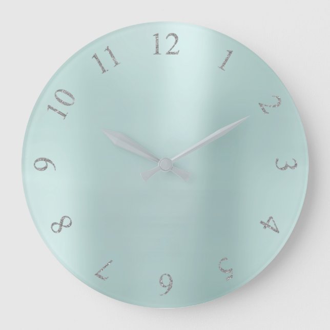 Grande Horloge Ronde Aqua BlueGlitter Grey Silver US Numéros UK (Recto)