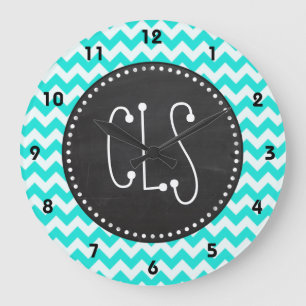 Grande Horloge Ronde Aqua Color Chevron ; aspect Vintage du tableau de 