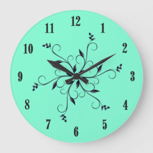 Grande Horloge Ronde Aquamarine Uni avec Chiffres et Accents Noirs