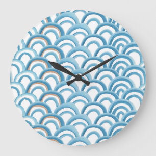 Grande Horloge Ronde Aquarelle à vague bleue, peinture transparente.