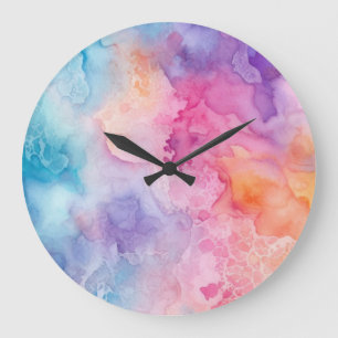Grande Horloge Ronde Aquarelle Abstraite des nuages arc-en-ciel