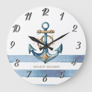 Grande Horloge Ronde Aquarelle Ancre Nautione Légèrement Bleue à Rayure
