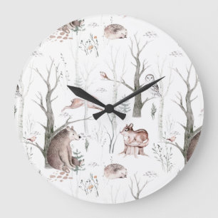 Grande Horloge Ronde Aquarelle Animaux forestiers
