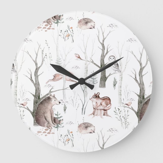 Grande Horloge Ronde Aquarelle Animaux forestiers (Recto)